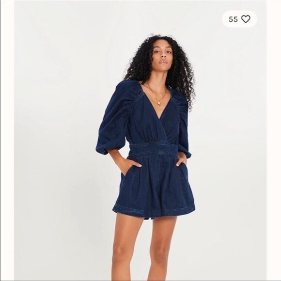 Free People Greta Blue Denim Jumpsuit Backless Cut Out Romper Playsuit New 0 - Picture 1 of 9